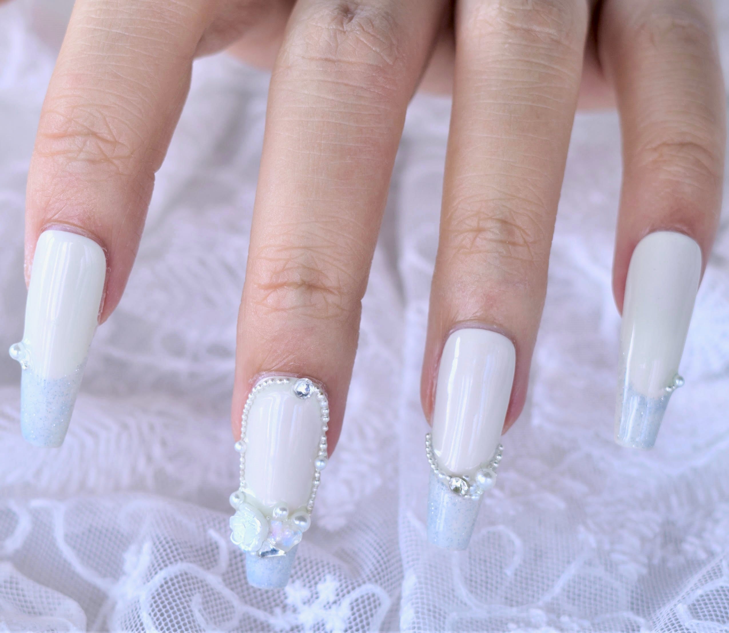 Press On hotsell Nails XXL white French, super luxurious, white French, pearls, stiletto nails, bridal nails