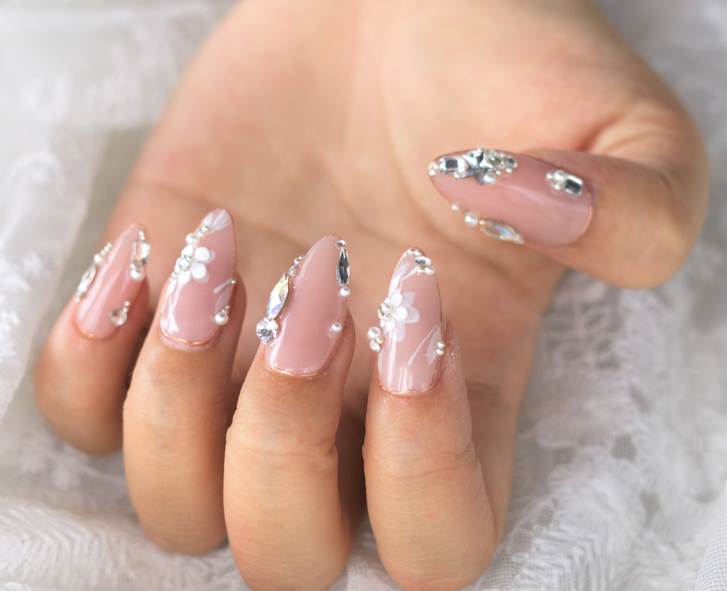 Pink White Diamond Bridal Nails