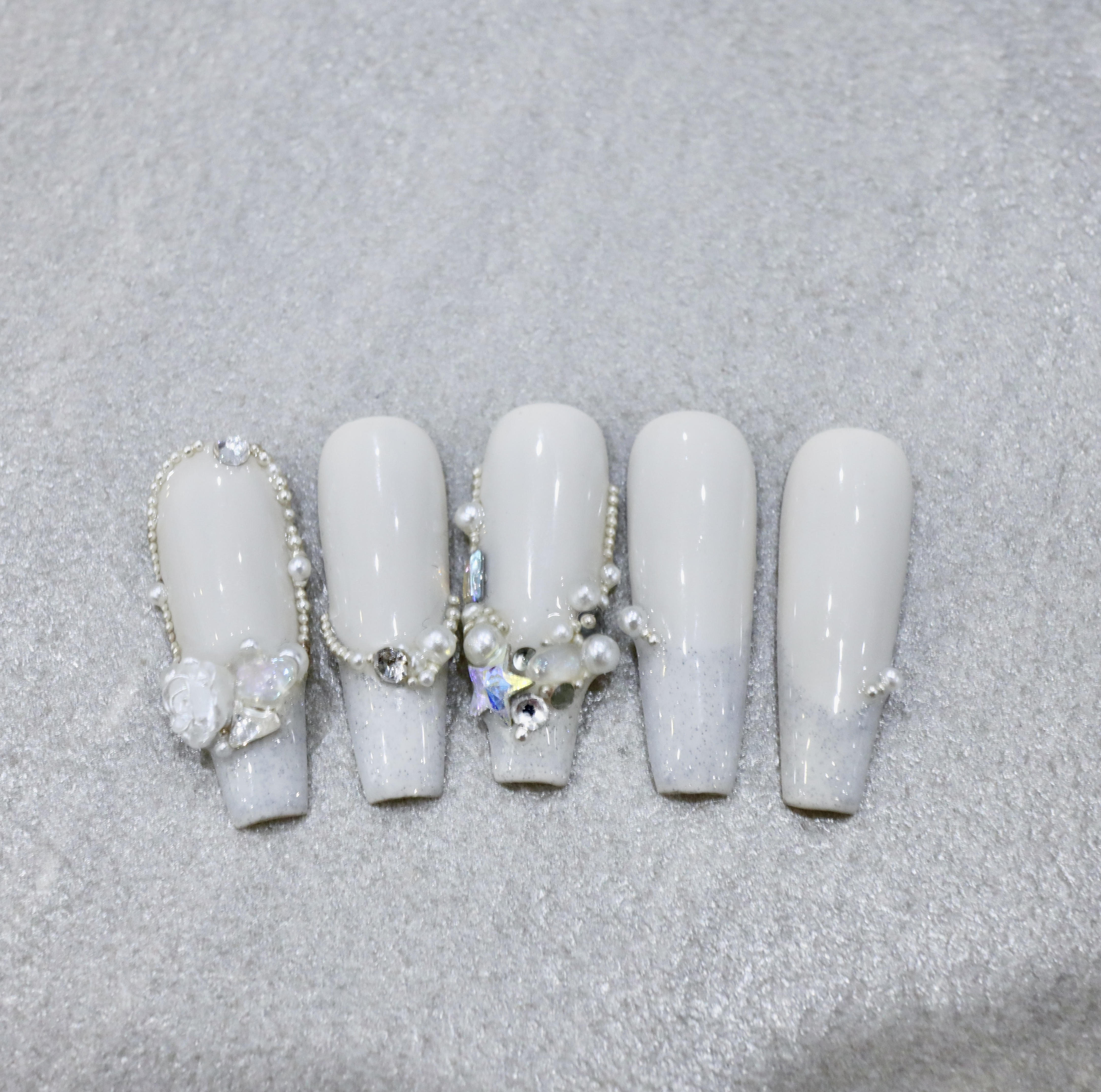 Press On hotsell Nails XXL white French, super luxurious, white French, pearls, stiletto nails, bridal nails